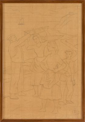 a drawing of a group of people standing in front of a wall
