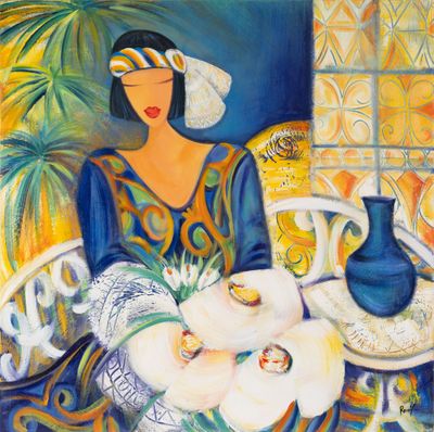 ROMY (XX), "Jeune femme sur la terrasse", huile sur toile si…