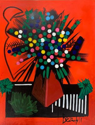 Jean Luc BEAUFILS (1953) "Bouquet sur fond rouge"