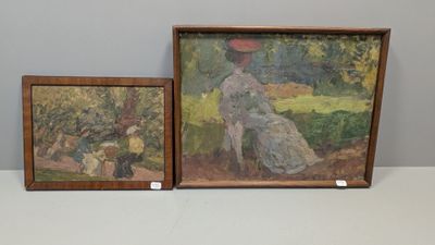 deux tableaux encadrés représentant une femme et un enfant dans un jardin