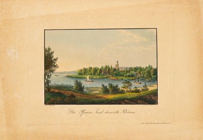 une vieille photo représentant un tableau où l'on voit une rivière avec un château en arrière-plan