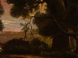 an image of a painting of a man riding a horse in a wooded area