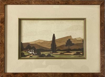 painting of a landscape with a house and trees in the distance