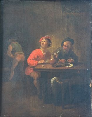 painting of a group of people sitting around a table eating and drinking