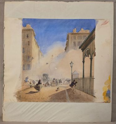 tableau représentant une scène de rue avec une calèche au milieu de la rue