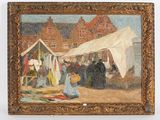 an oil painting of a market scene with people and tents