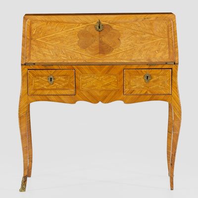 an old wooden desk with two drawers and a drawer underneath it