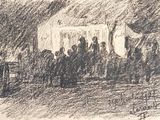a drawing of a group of people standing in front of a train