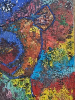 peinture abstraite représentant une femme portant un chapeau bleu et une robe rouge