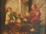 painting of two men playing instruments in a room with a chair