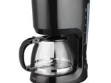 the coffee maker is black and has a glass carafeo