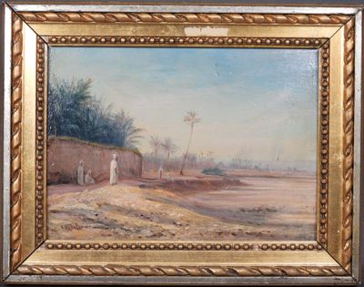 un tableau représentant une scène de désert avec un homme et une femme