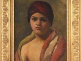 une peinture à l'huile représentant une femme coiffée d'un turban rouge