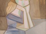 tableau représentant une femme assise à une table, la main posée sur le menton