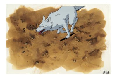 a drawing of a white wolf with a knife in it ' s mouth