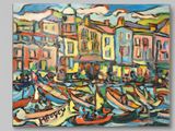peinture de bateaux dans un port avec des bâtiments en arrière-plan