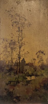 an image of a painting of a farm with a house in the distance