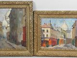 two paintings of a street scene with buildings and a church