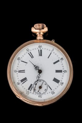 a gold pocket watch with roman numerals on the face