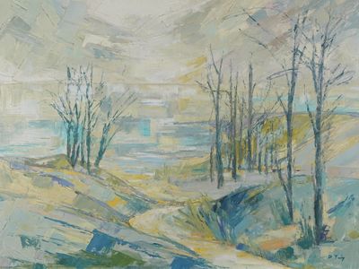 une peinture à l'huile représentant un paysage avec des arbres sur une colline