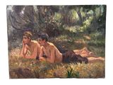 tableau représentant trois hommes nus allongés dans l'herbe, au milieu d'un bois