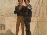 tableau représentant deux hommes debout côte à côte devant un bateau