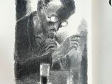 a drawing of a man sitting at a table with a plate of food