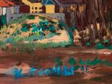 a painting of a house on a hill with a river in the foreground