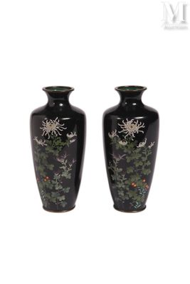une paire de vases noirs ornés de motifs floraux sur fond blanc