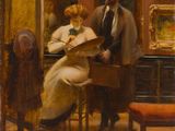 painting of a man and a woman in a room with paintings on the wall