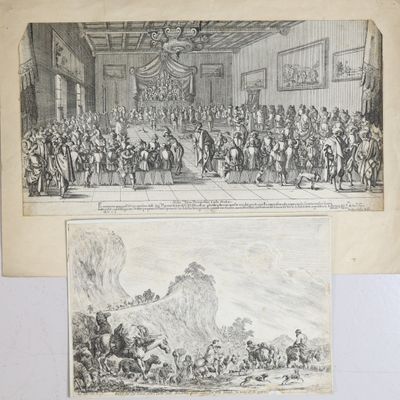 two drawings of a large group of people in a large room