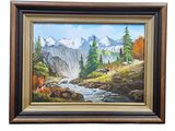peinture représentant un paysage de montagne avec un ruisseau au premier plan