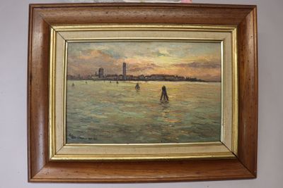 Robert PERROT (XX) "Coucher de soleil sur Venise" huile sur … - Photo 1