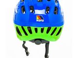 the helmet is blue and green with a logo on it
