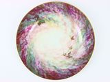 a plate with a painting of birds on it on a white surface