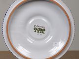 a white plate with orange trim and a green turtle on it