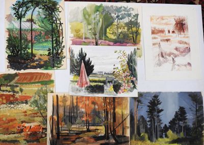 many different pictures of a painting on a table