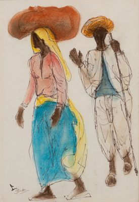 drawing of two women walking with hats on their heads