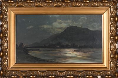 an image of a painting of a lake with a mountain in the background