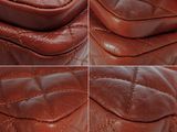 four different images of a brown leather purse with multiple pictures of the inside of it