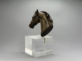 sculpture représentant une tête de cheval posée sur un socle en acrylique transparent