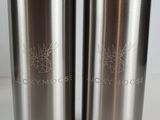 two stainless steel water bottles on a white surface