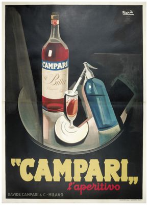 an image of a poster advertising campari with a bottle of wine and a cigarette