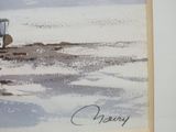 a picture of a painting of a tractor on the beach