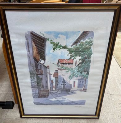 aquarelle encadrée représentant une scène de rue avec des bâtiments et des arbres