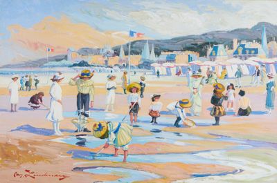 un tableau représentant des personnes sur la plage en train de s'amuser dans l'eau