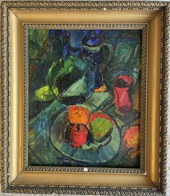 a painting of a plate of fruit on a table