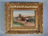 tableau représentant un homme et une femme marchant le long d'une route, avec une calèche tirée par un cheval
