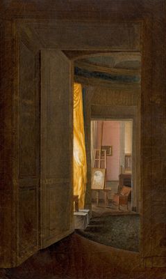 tableau représentant une porte ouverte donnant sur un salon avec une chaise et une table