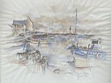 a watercolor painting of a harbor scene with boats